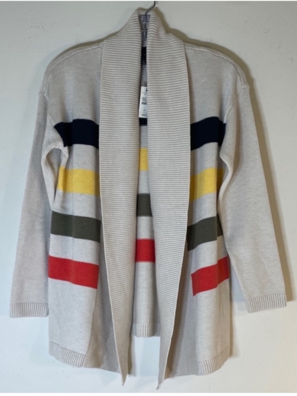 Talbots Cream Open-Front Cardigan with Striped Accent